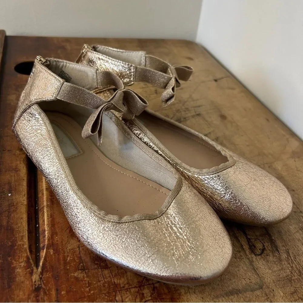 Kenneth Cole Rose Gold Metallic Ankle Strap Flats Shoes Bow Detail Girls 4.5